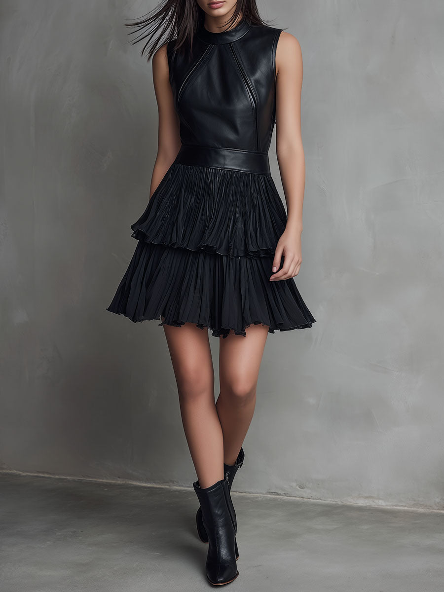 Anna-Berg | Chic Black Eco Leather Pleated Dress