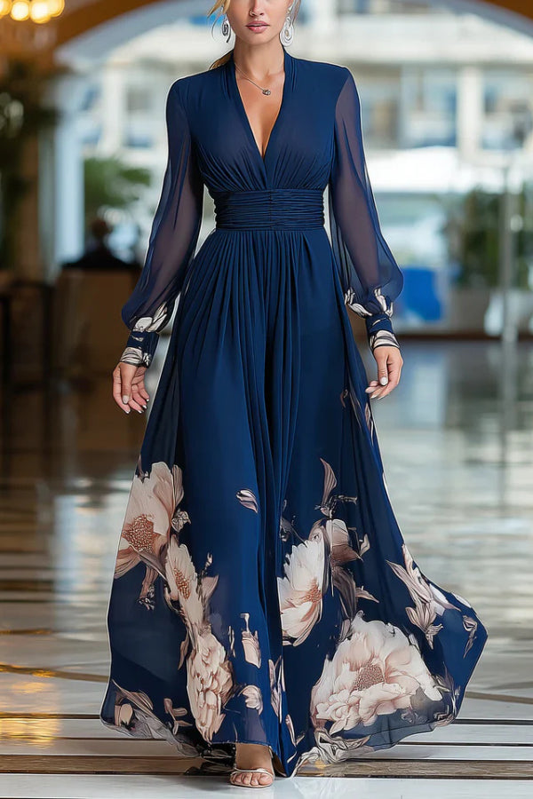 Anna-Berg | Floral Print Patchwork Mesh Long-Sleeved Dress