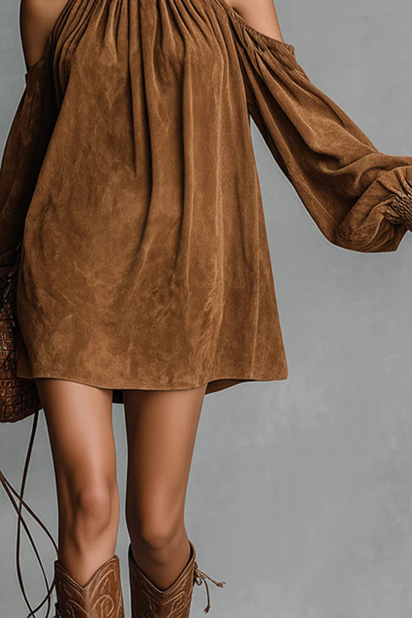 Anna-Berg | Stylish Off-Shoulder Lantern-Sleeved Suede Loose Dress