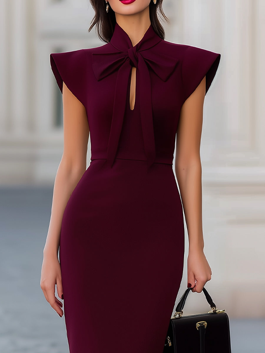 Anna-Berg | Burgundy Ruffle Shoulder Bow Tie Dress