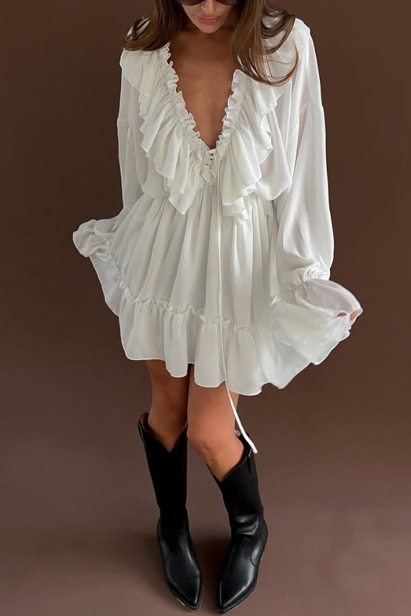 Anna-Berg | Solid Color V-Neck Ruffled Ruched Dress