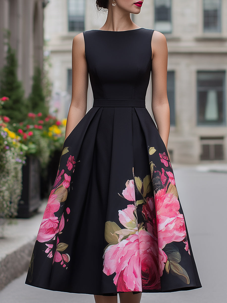 Anna-Berg | Elegant Sleeveless Midi Dress With Floral Printed Skirt
