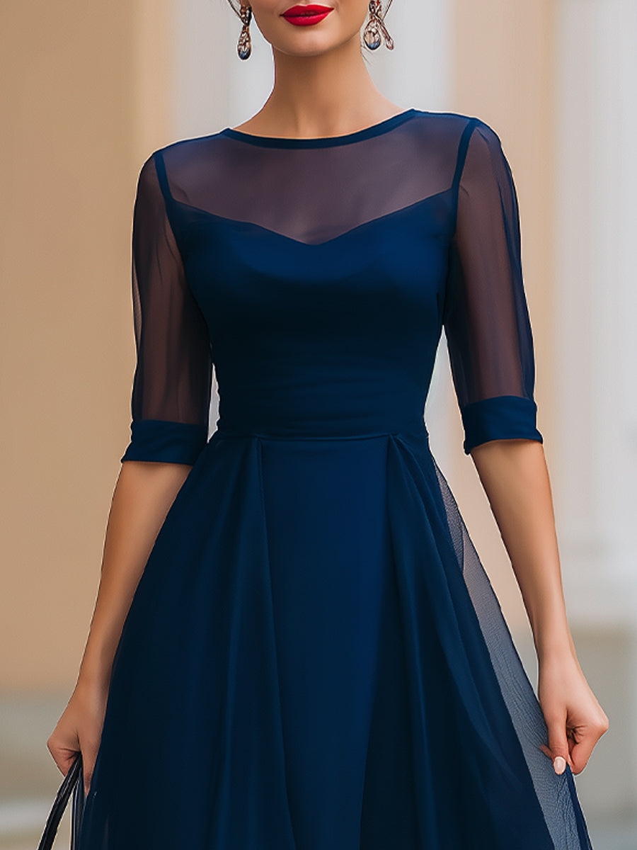 Anna-Berg | Navy Blue Sheer Overlay Fit-and-Flare Midi Dress