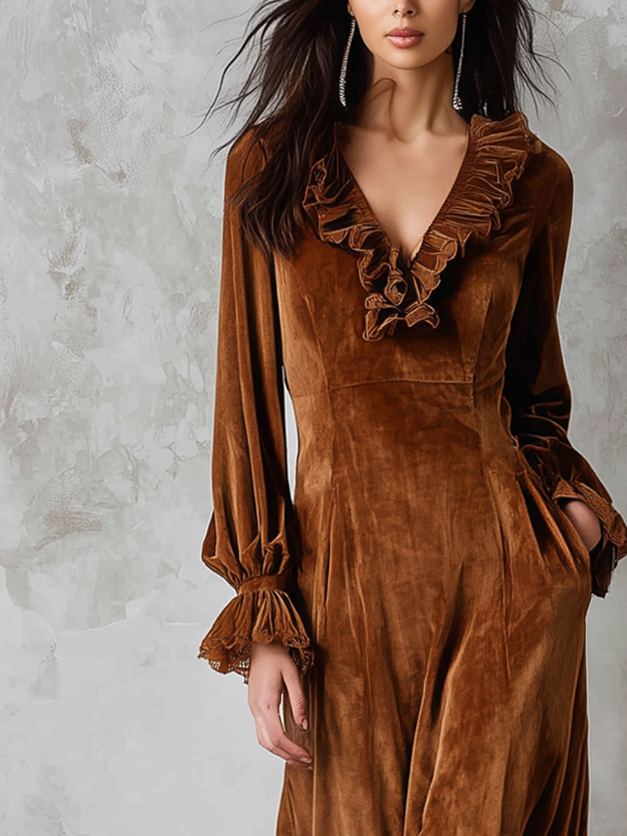 Anna-Berg | Retro Ruffle Neck Lace Trim Dress