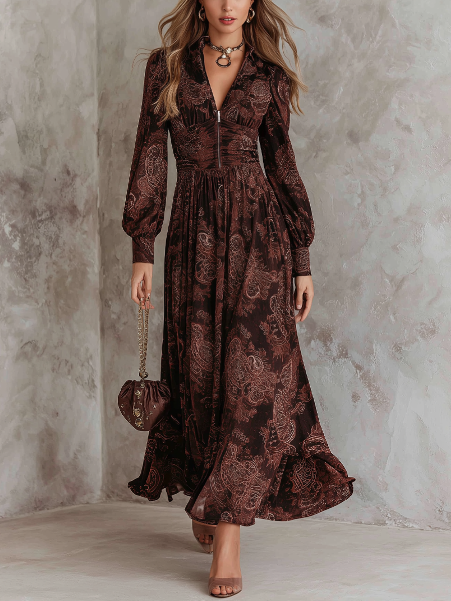 Anna-Berg | Retro Zipper Neck Long Sleeve Dress