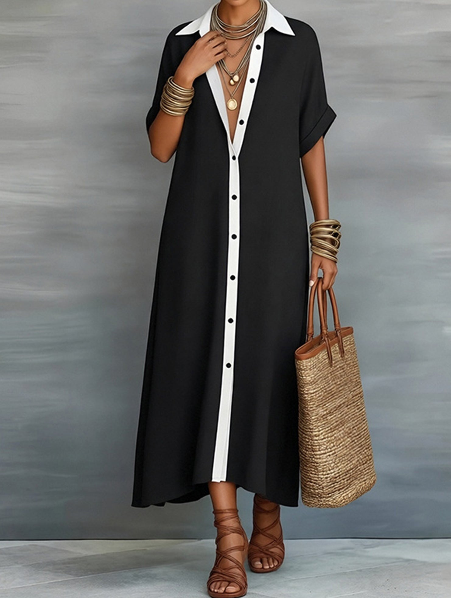 Anna-Berg | Casual Solid Buttoned Dress