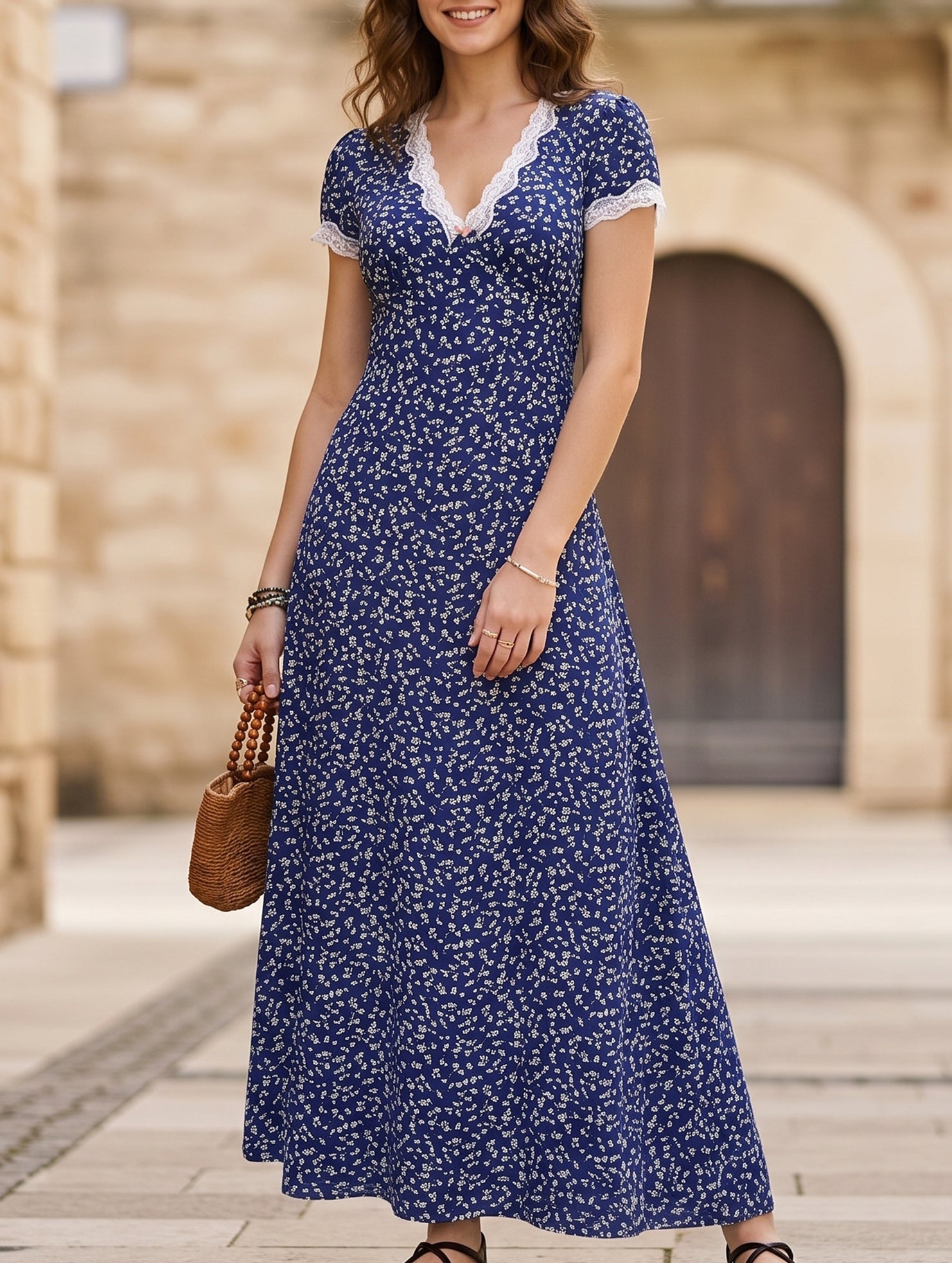 Anna-Berg | Lace Patch Floral V Neck Dress