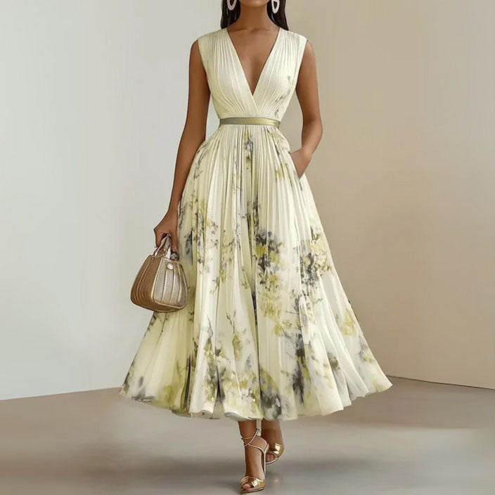 Anna-Berg | Printed V-Neck Sleeveless Fashion Pleated Dress