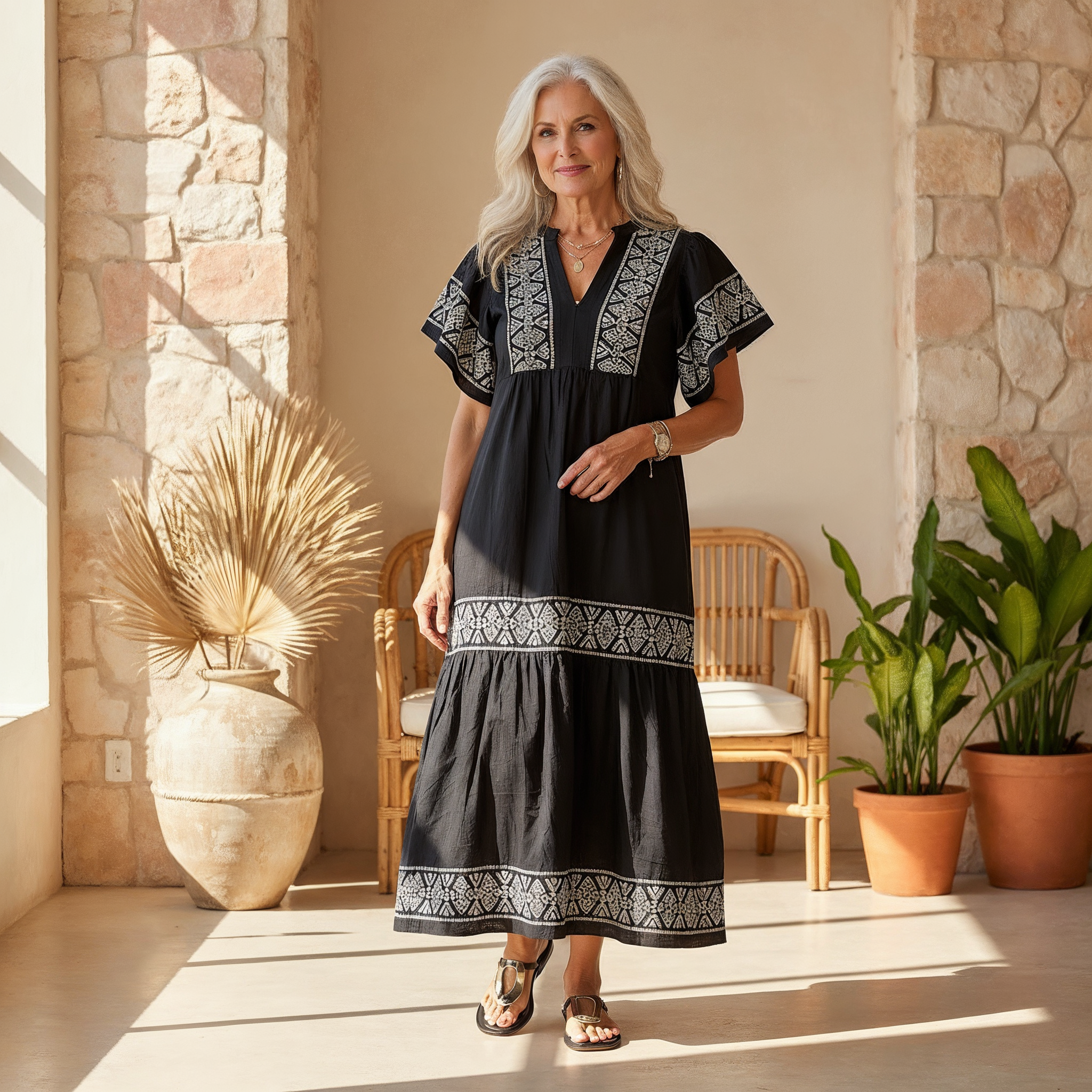 Anna-Berg | Sculpted Summer Boho V Neck Midi Dress