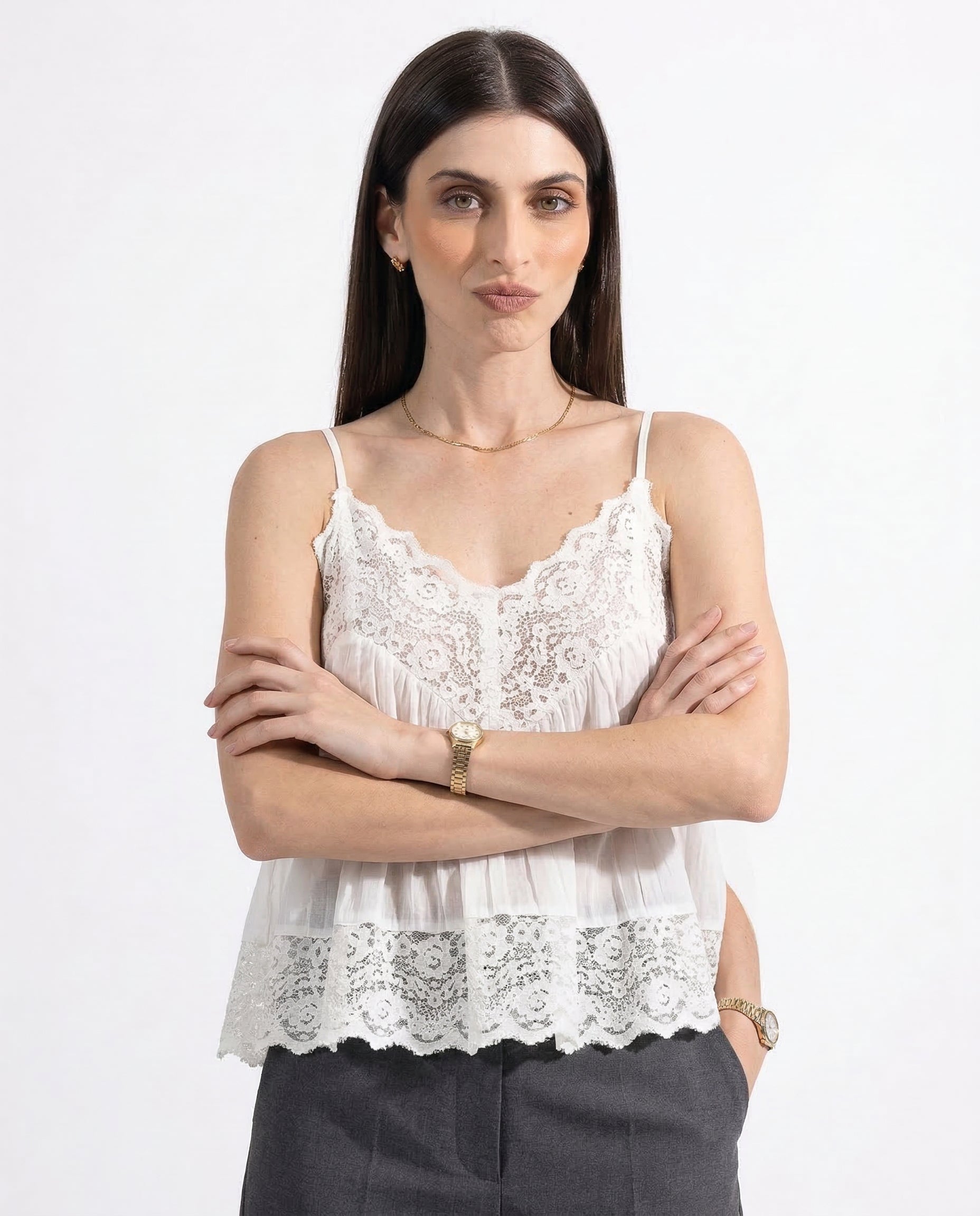 Anna-Berg | Ivory Lace-Trim Satin Cami