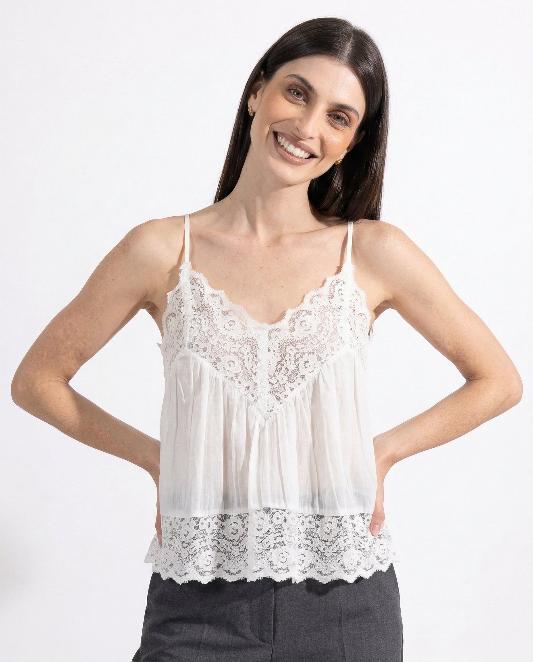 Anna-Berg | Ivory Lace-Trim Satin Cami