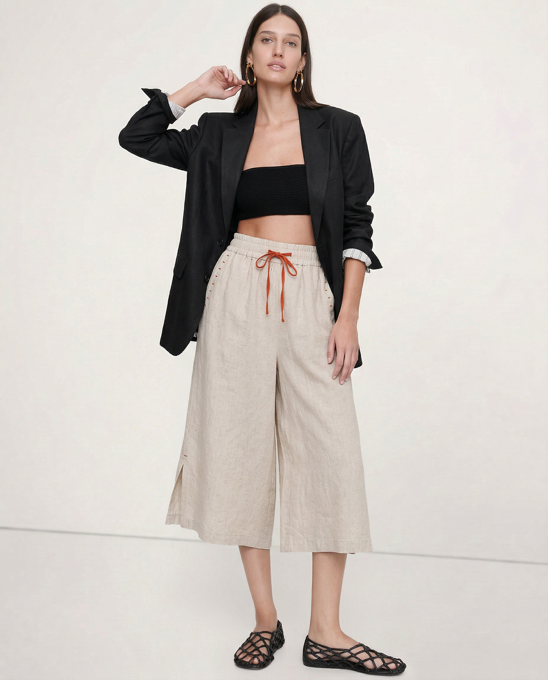 Anna-Berg | Black Drawstring Wide-Leg Cotton Pant