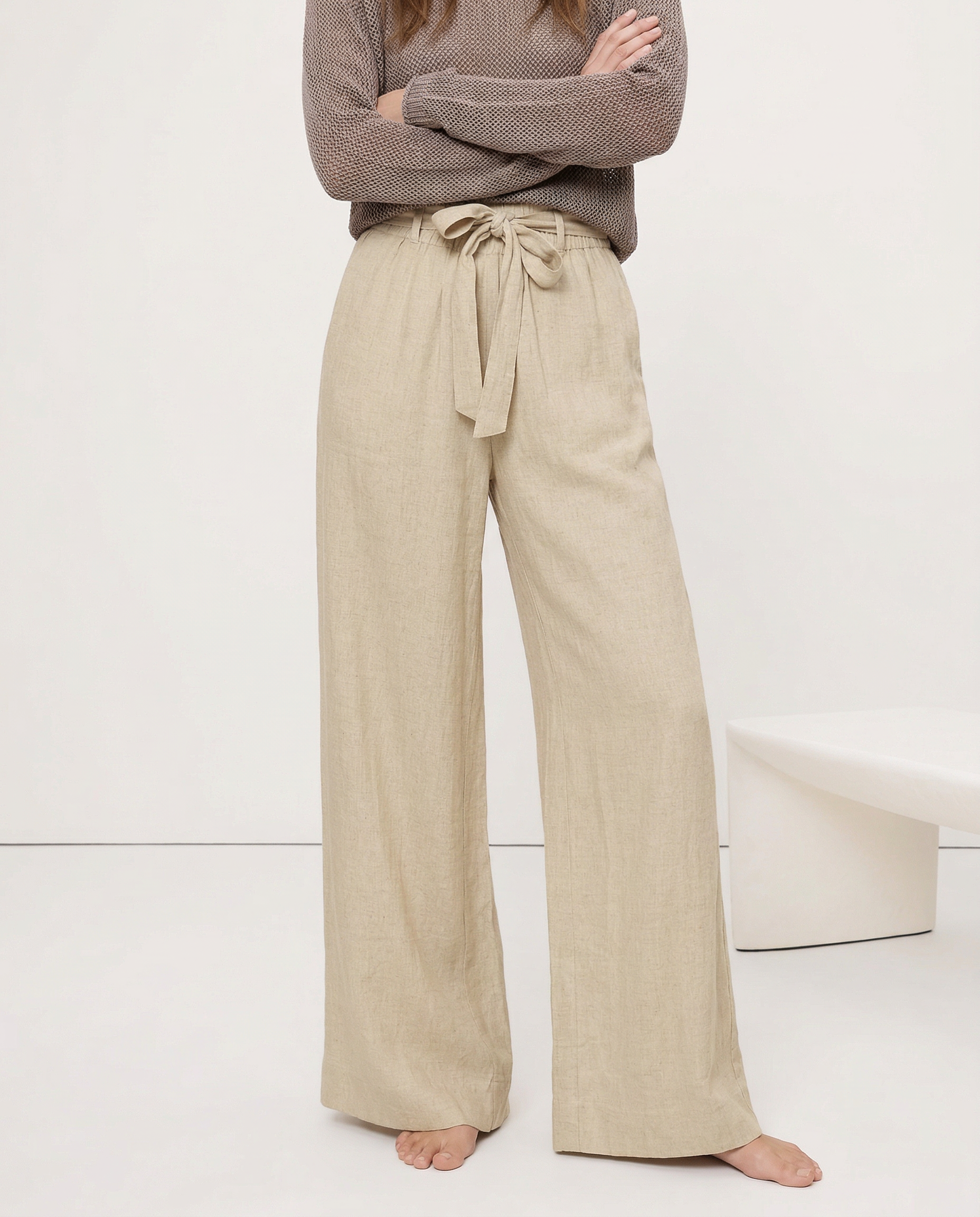 Anna-Berg | Ruffle-Waist Wide-Leg Linen Pant