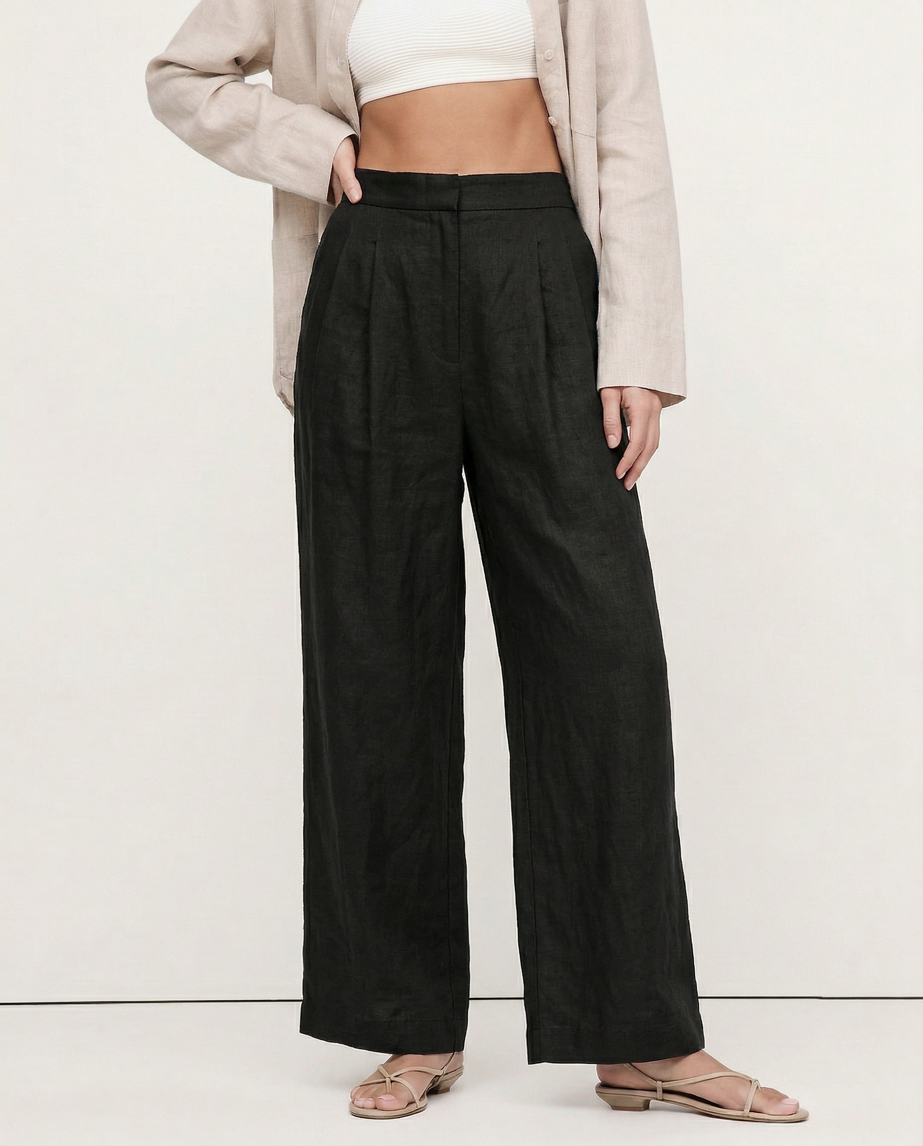 Anna-Berg | Sand Pleated Wide-Leg Linen Pant