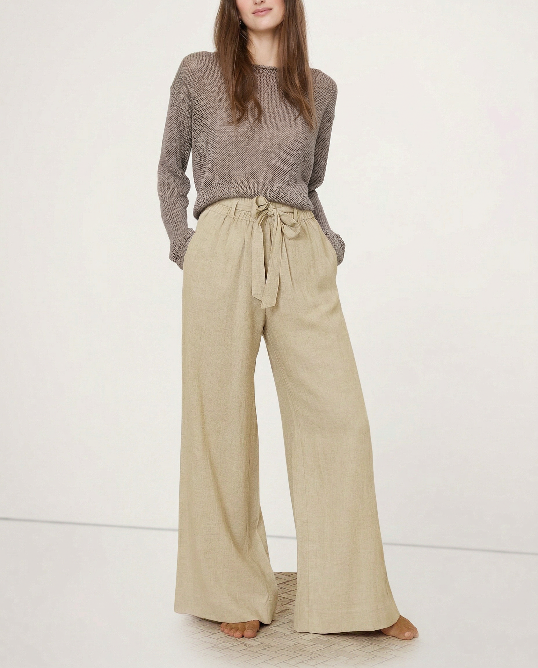 Anna-Berg | Ruffle-Waist Wide-Leg Linen Pant