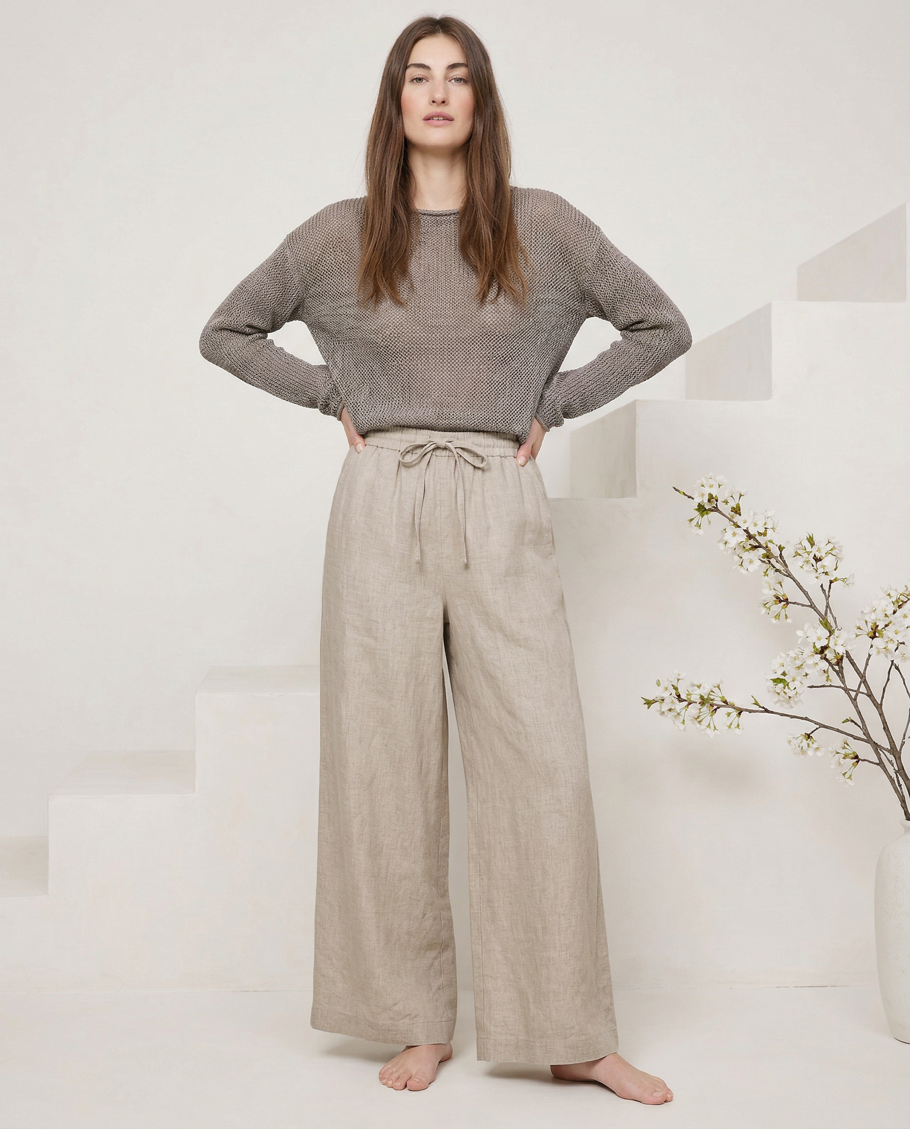 Anna-Berg | Ruffle-Waist Wide-Leg Linen Pant
