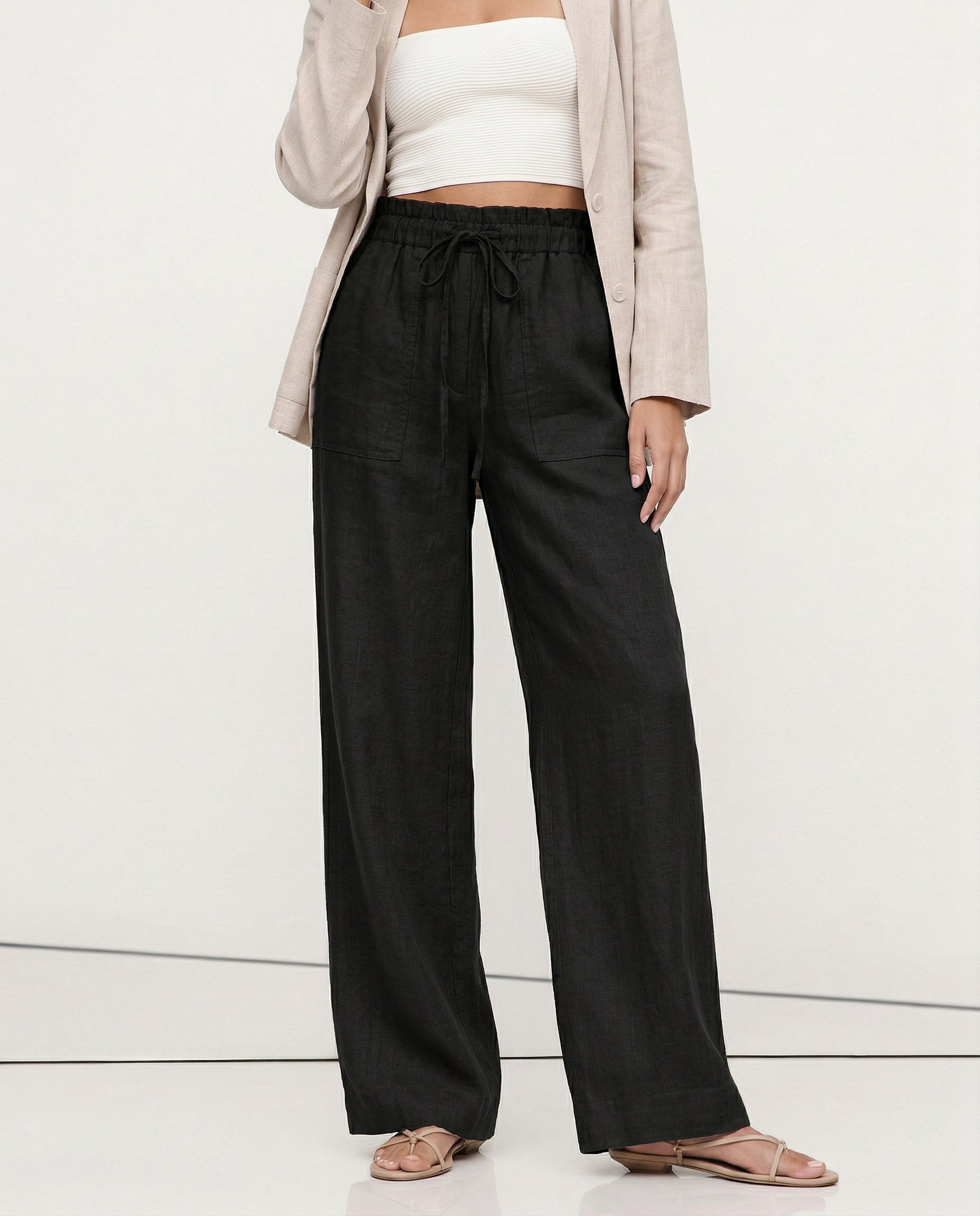 Anna-Berg | Sand Drawstring Straight-Leg Linen Pants