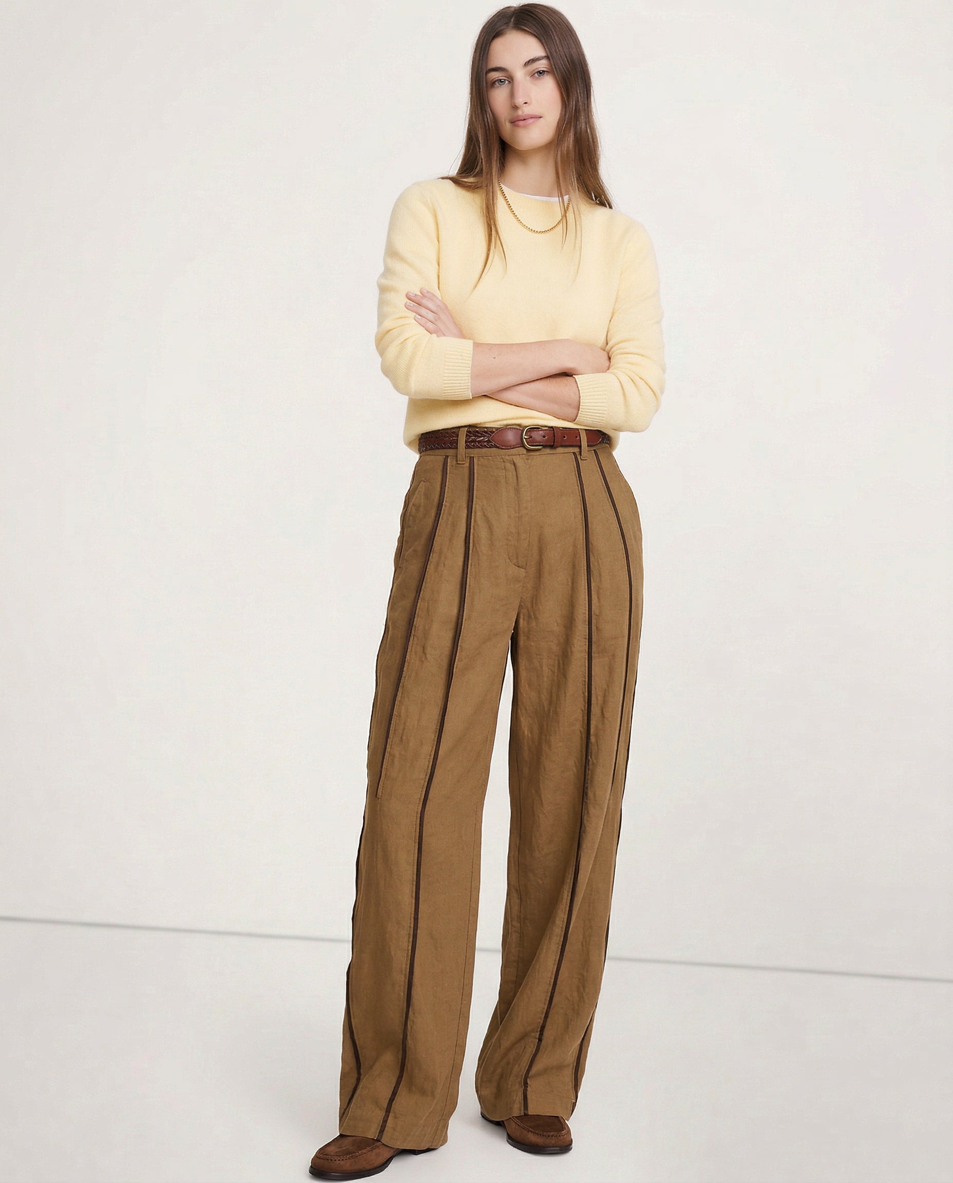 Anna-Berg | Green Striped Wide-Leg Linen Pant