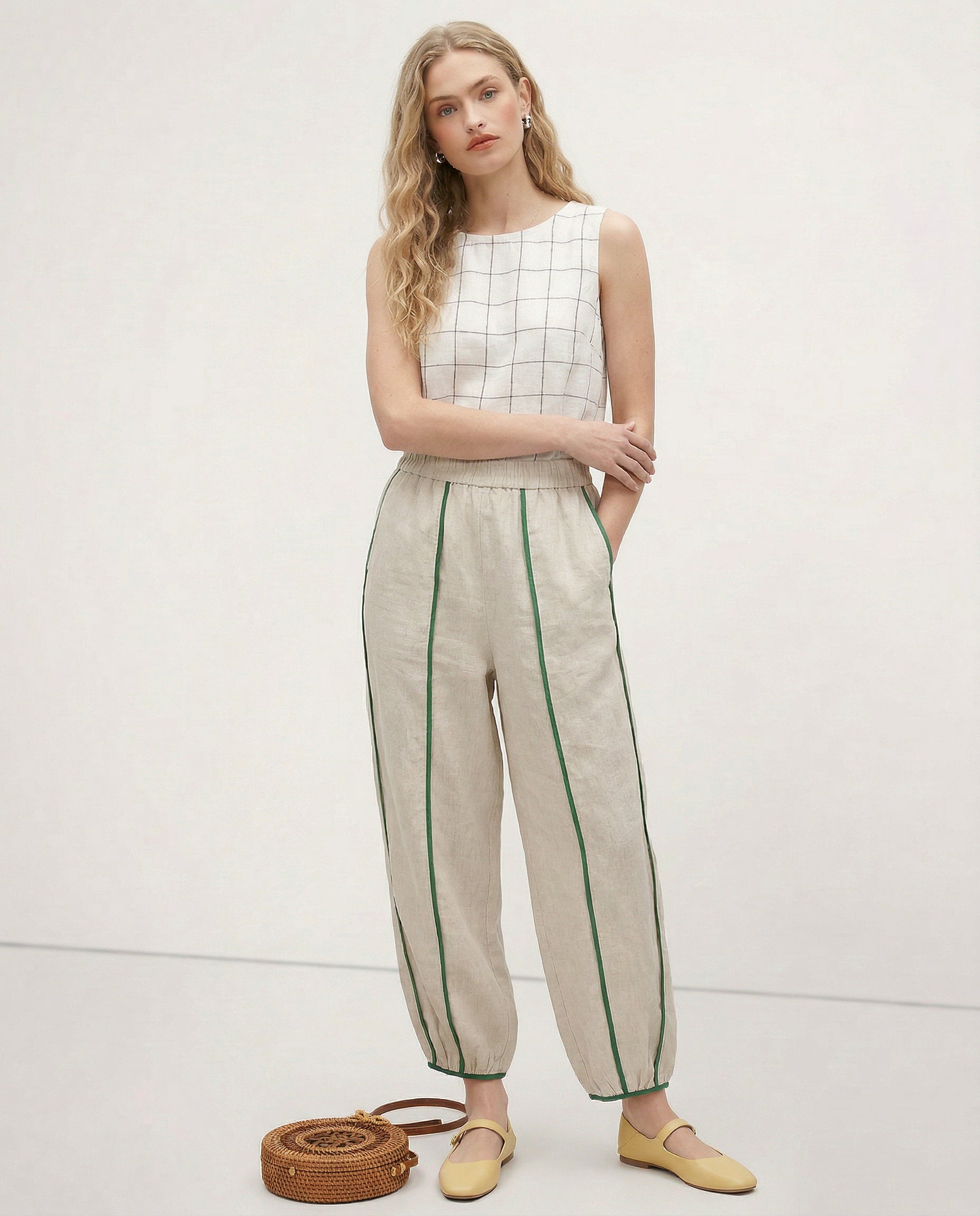 Anna-Berg | Green Striped Wide-Leg Linen Pant