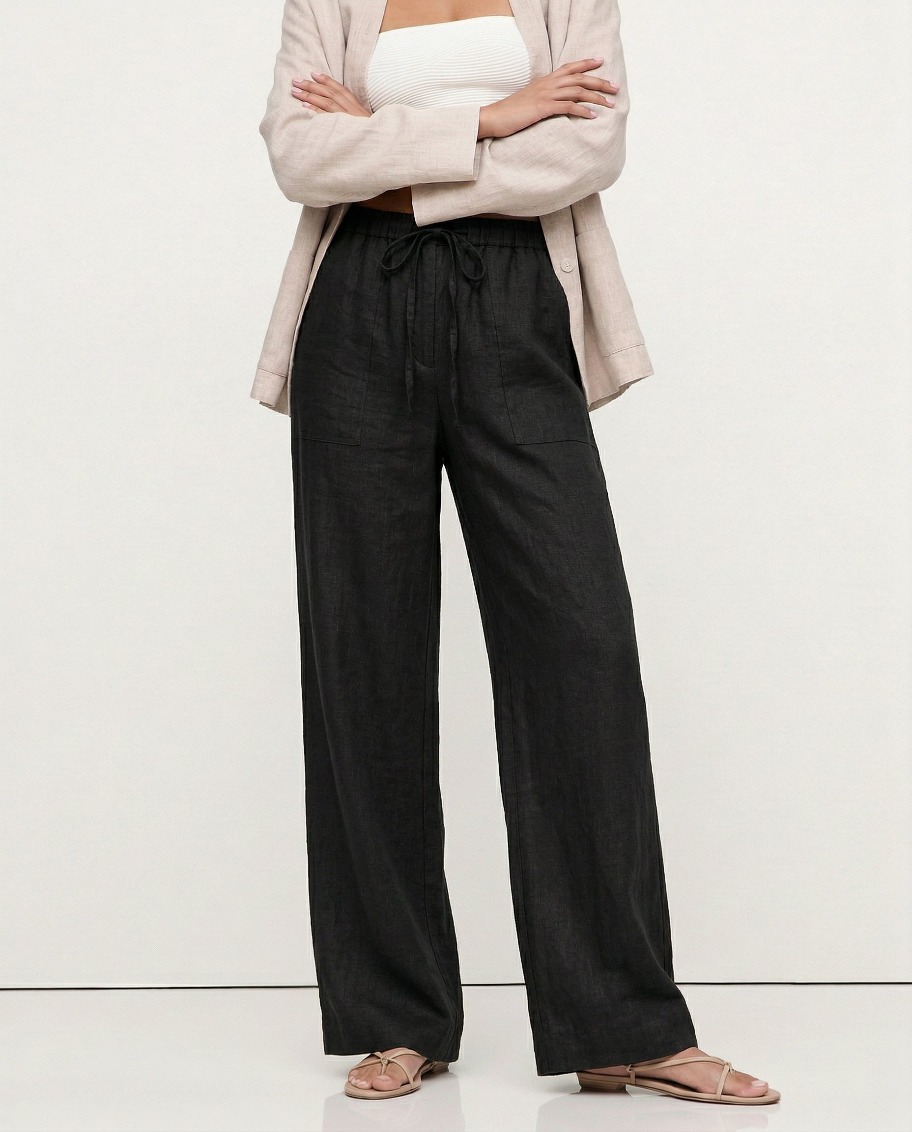 Anna-Berg | Sand Drawstring Straight-Leg Linen Pants
