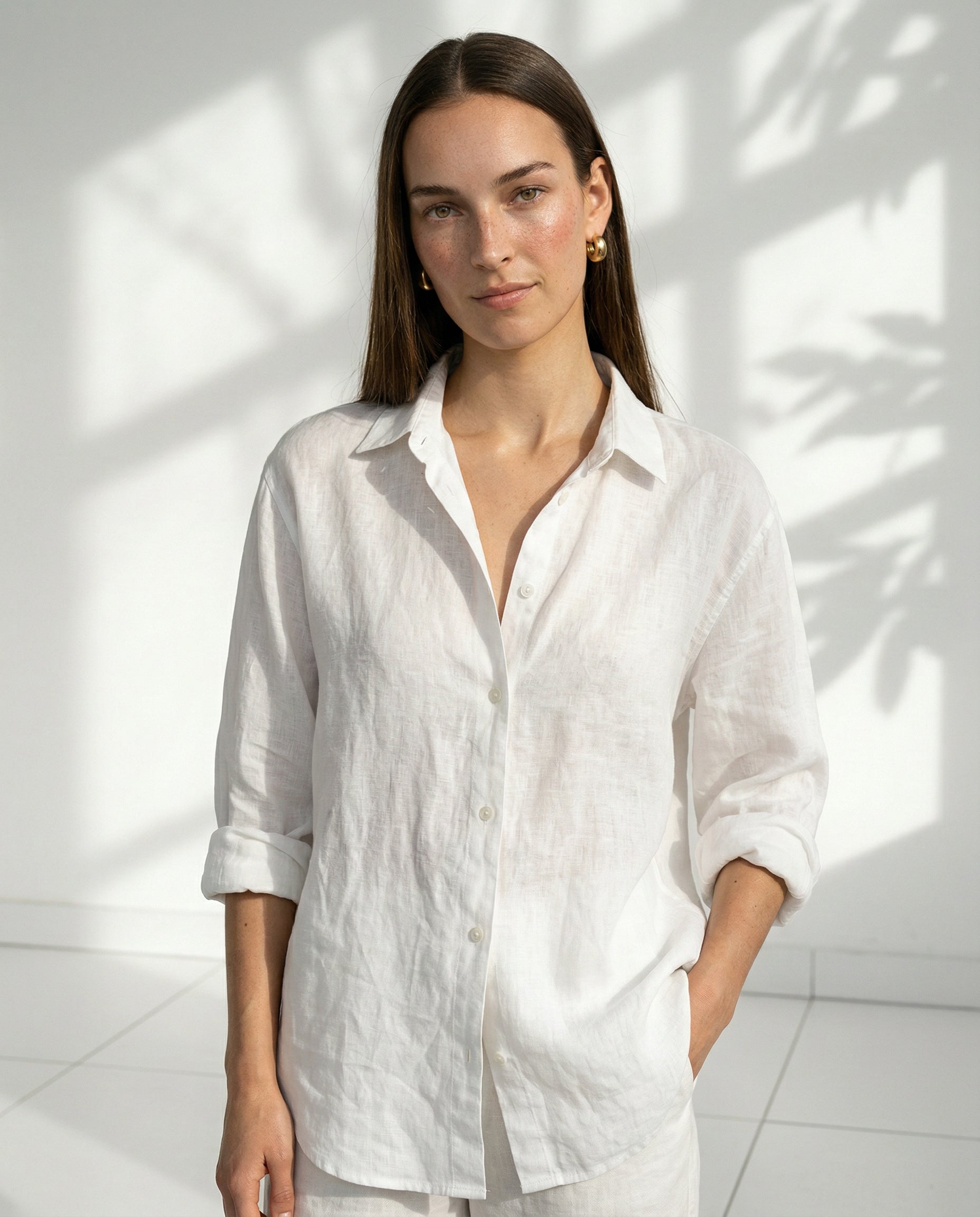 Anna-Berg | Natural Relaxed Fit Open Collar Linen Shirt