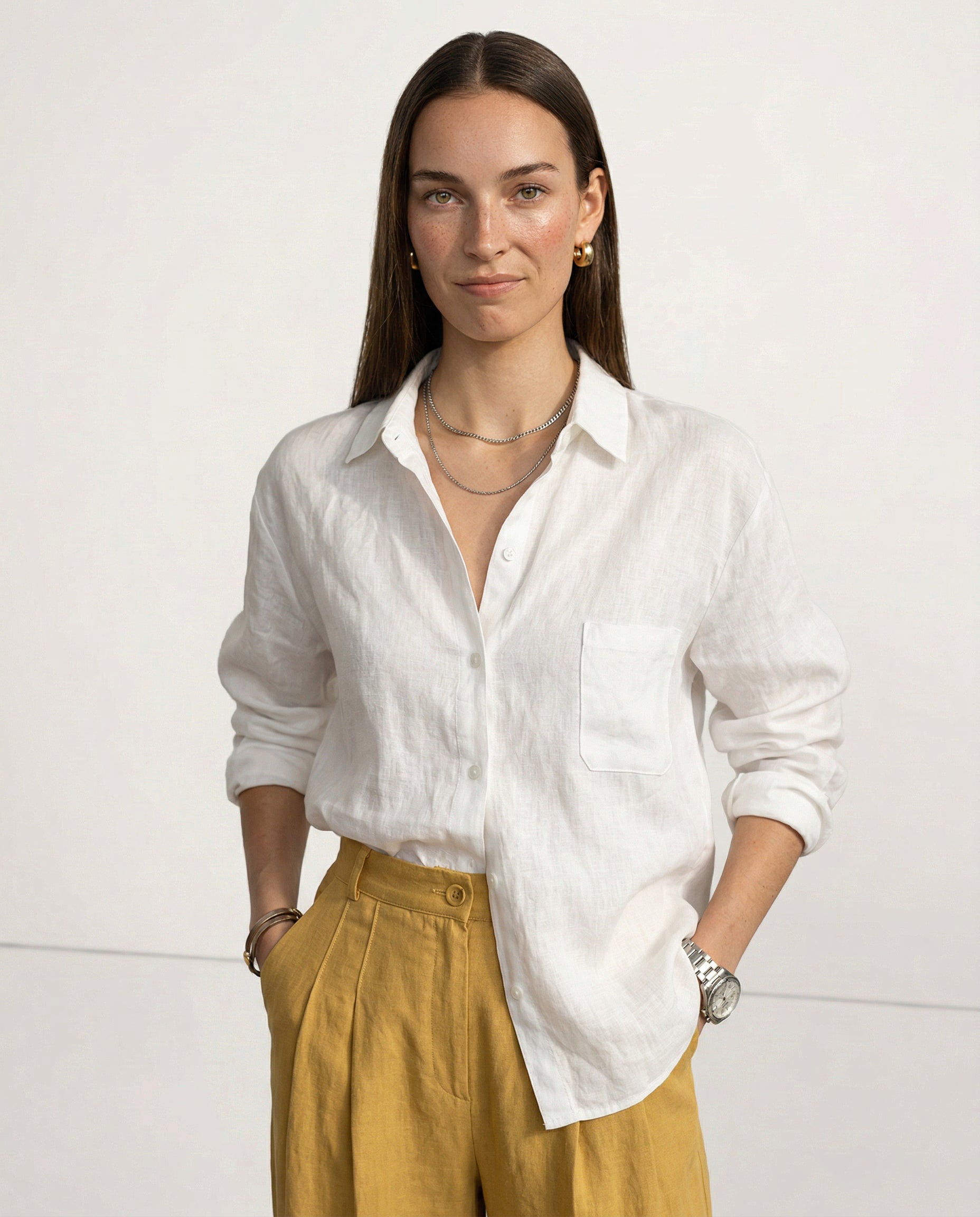 Anna-Berg | Natural Relaxed Fit Open Collar Linen Shirt