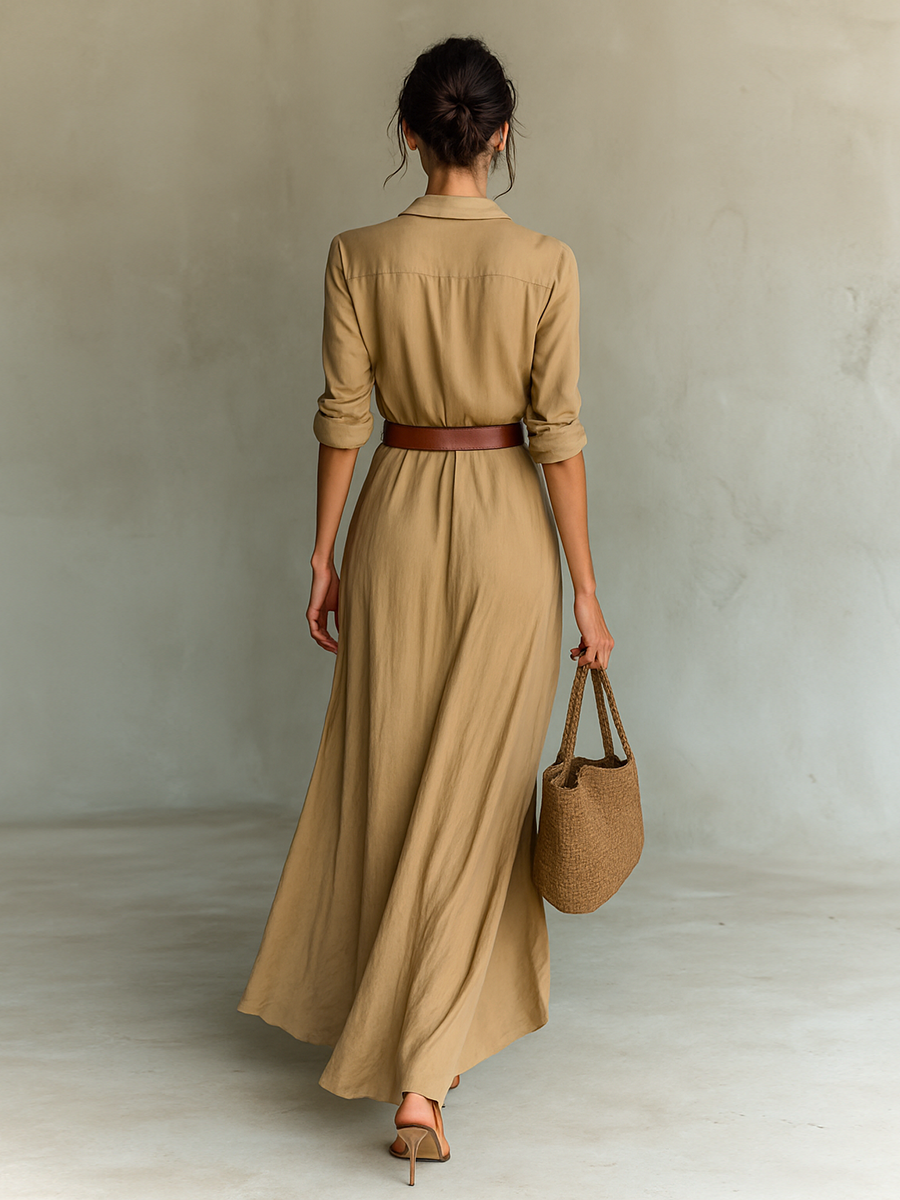 Anna-Berg | Flowing Long Maxi Dress With Notched Collar And Long Sleeves