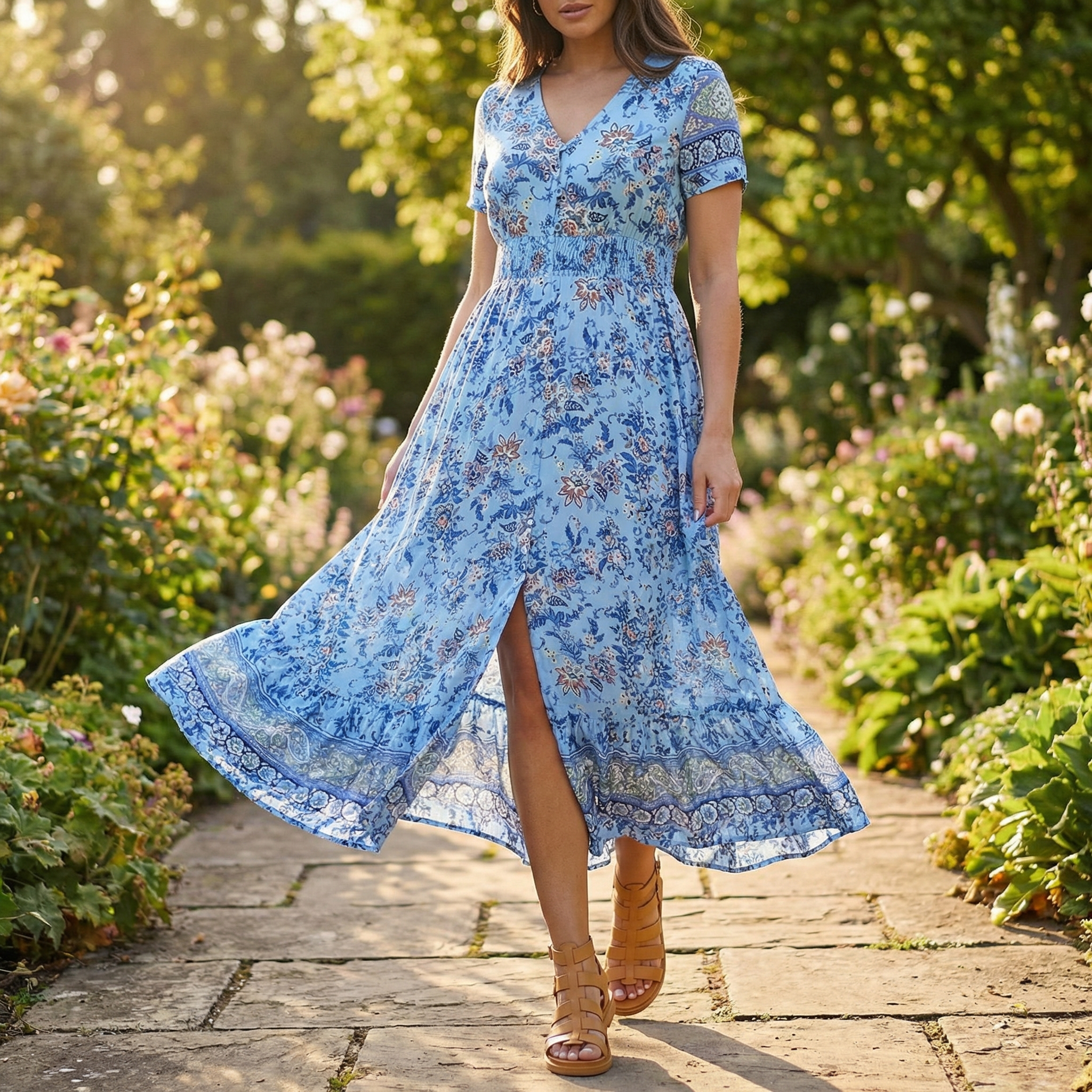 Anna-Berg | Elegant Maxi Floral Dress With V-Neck And Short Sleeves