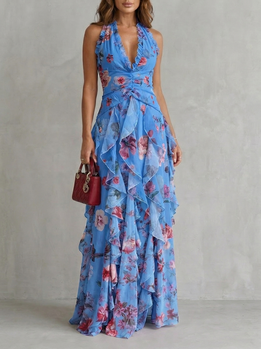 Anna-Berg | Modern Belladina Enchanting Rose Cascade Halter Maxi Dress