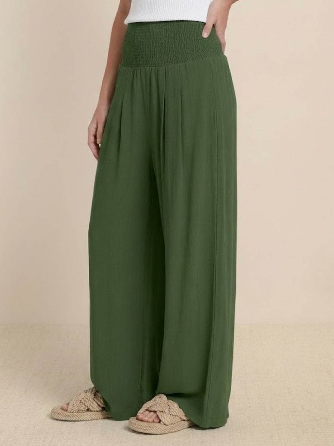 Anna-Berg | Statement High Waist Wide Leg Pants Smocked Waistband