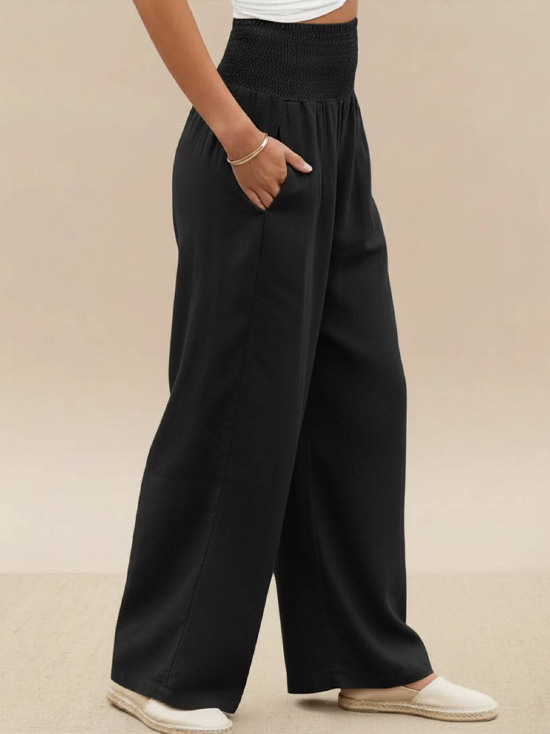 Anna-Berg | Statement High Waist Wide Leg Pants Smocked Waistband