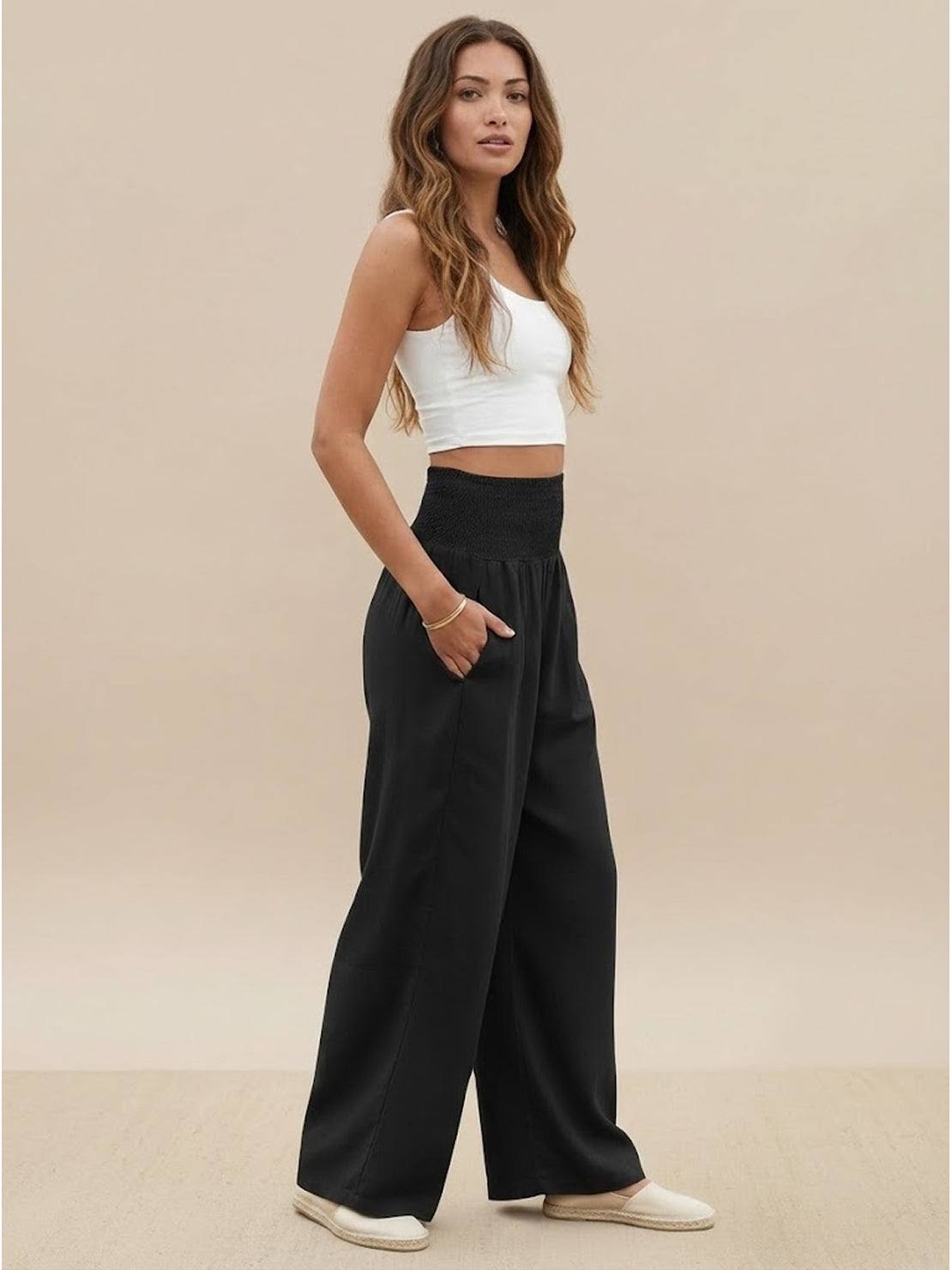 Anna-Berg | Statement High Waist Wide Leg Pants Smocked Waistband
