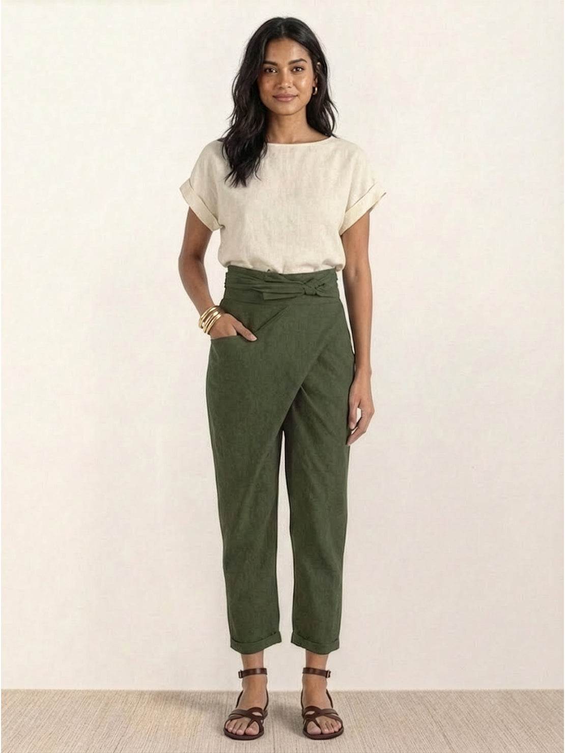 Anna-Berg | Effortless High Waist Wrap Front Cropped Tapered Pants