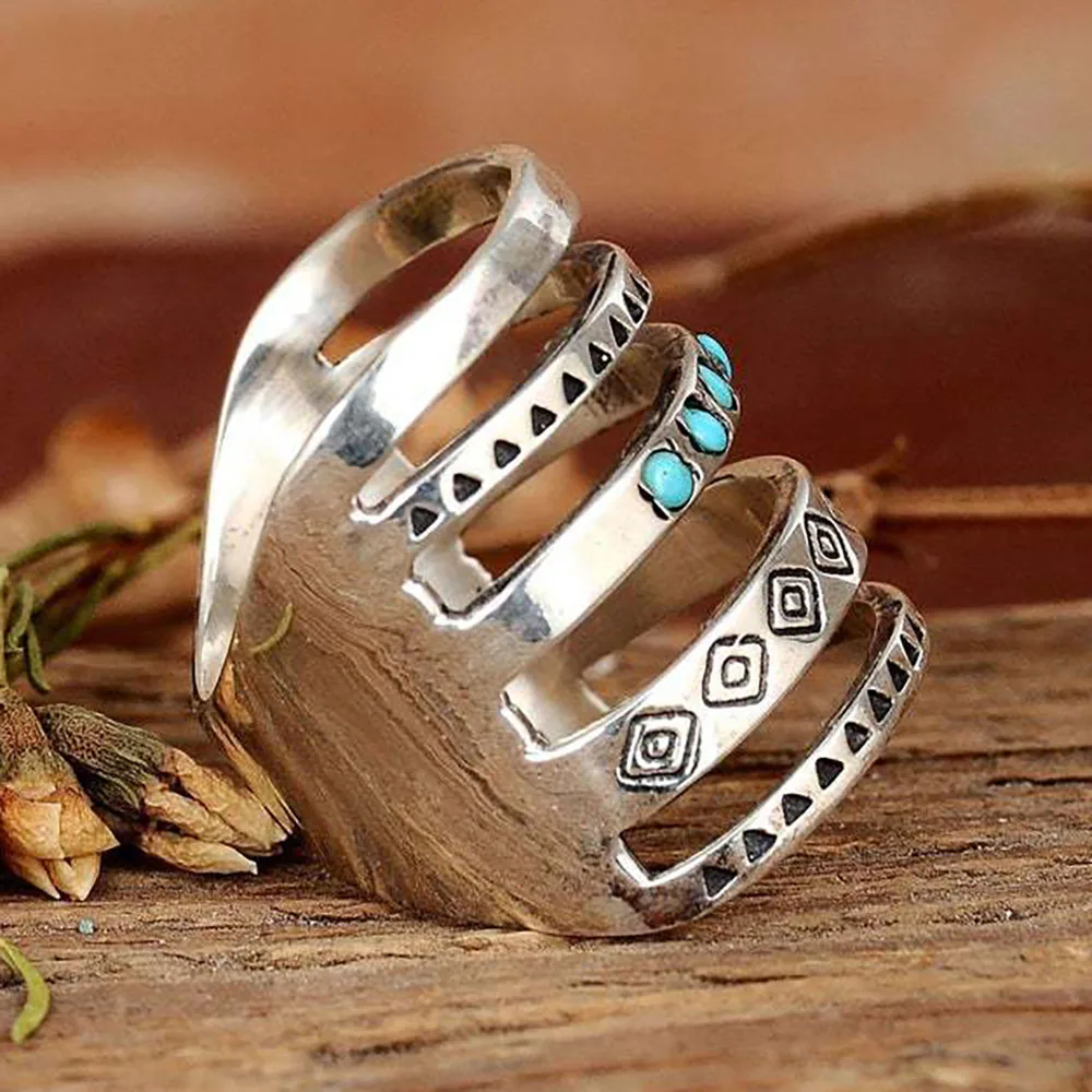 Bohemian Open Work Carved Turquoise Ring