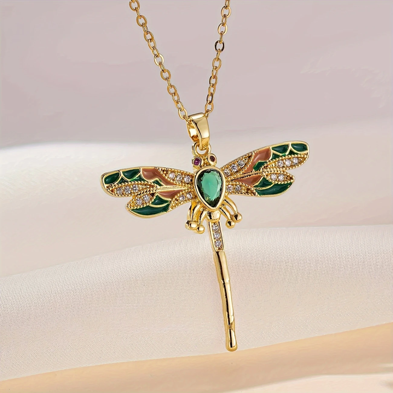 Green Dragonfly Light Gold Necklace