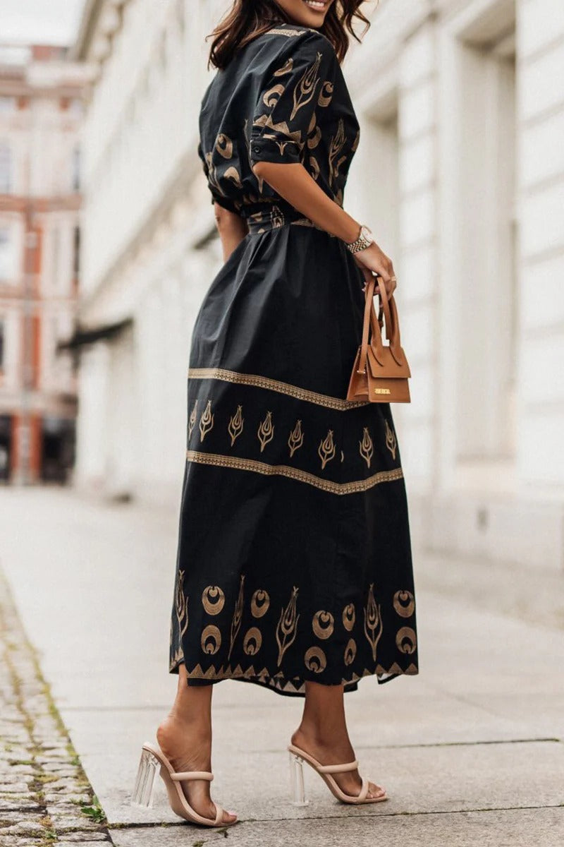 Anna-Berg | Boho Printed Belted Long Sleeve Midi Dress