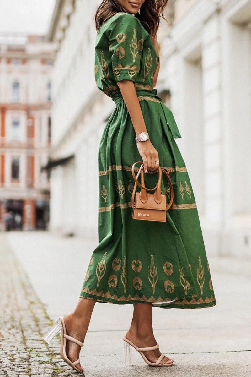 Anna-Berg | Boho Printed Belted Long Sleeve Midi Dress