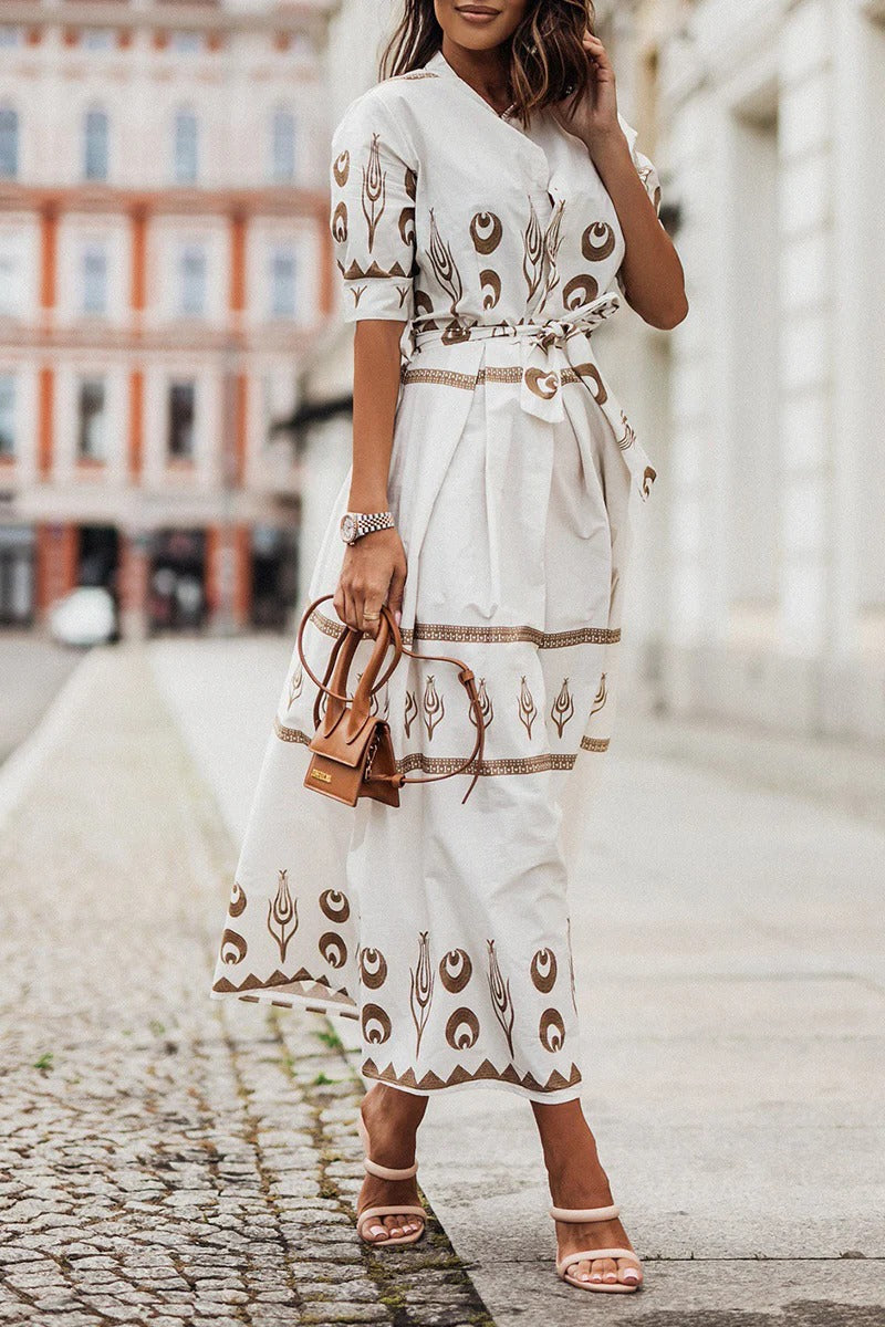 Anna-Berg | Boho Printed Belted Long Sleeve Midi Dress