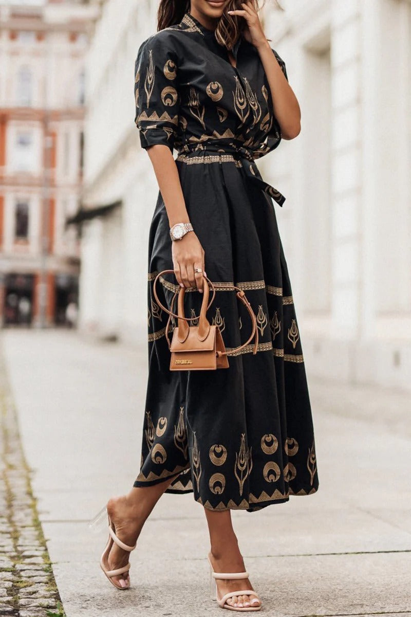 Anna-Berg | Boho Printed Belted Long Sleeve Midi Dress