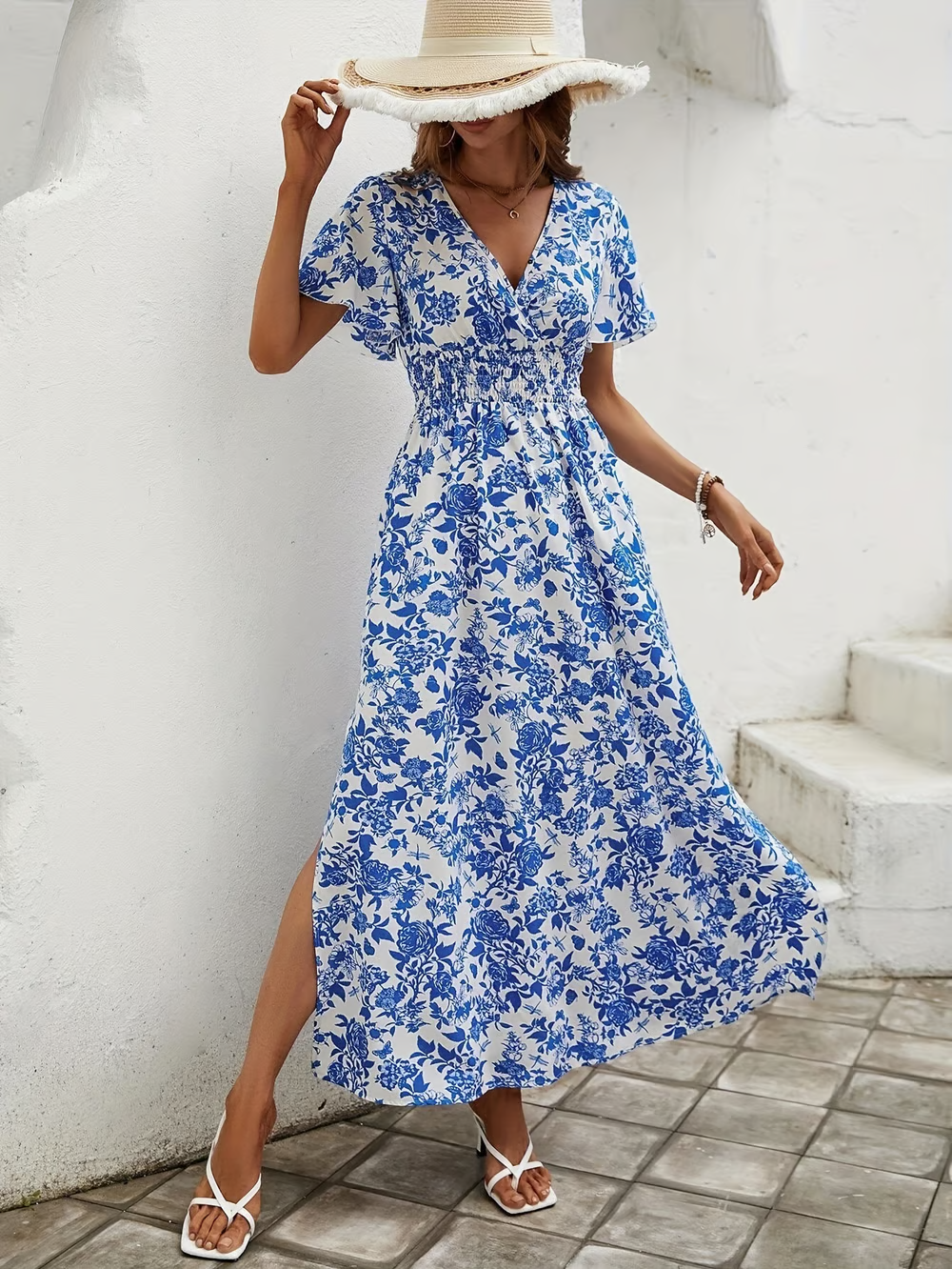 Anna-Berg | Boho Printed V Neck Short Sleeve Maxi Dress