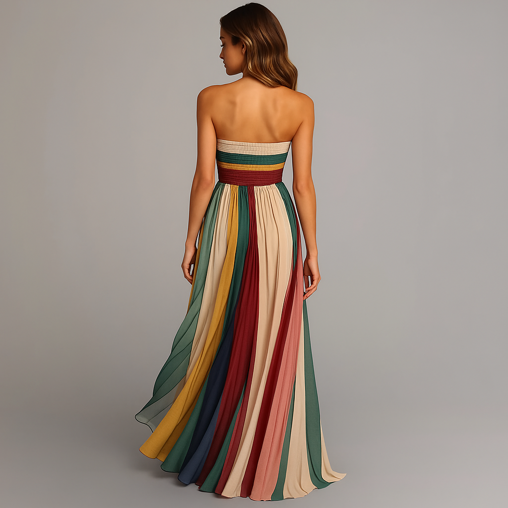 Anna-Berg | Timeless Strapless Colorful Pleated Summer Maxi Dress Strapless