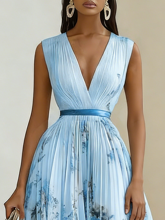 Anna-Berg | Printed V-Neck Sleeveless Fashion Pleated Dress