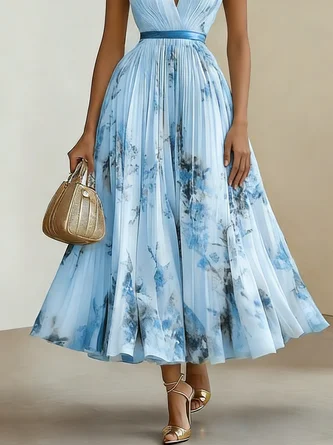 Anna-Berg | Printed V-Neck Sleeveless Fashion Pleated Dress