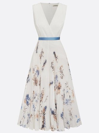 Anna-Berg | Printed V-Neck Sleeveless Fashion Pleated Dress