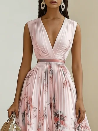 Anna-Berg | Printed V-Neck Sleeveless Fashion Pleated Dress