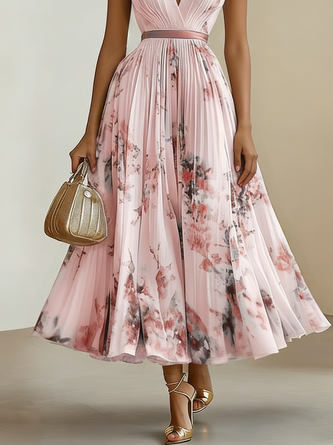 Anna-Berg | Printed V-Neck Sleeveless Fashion Pleated Dress