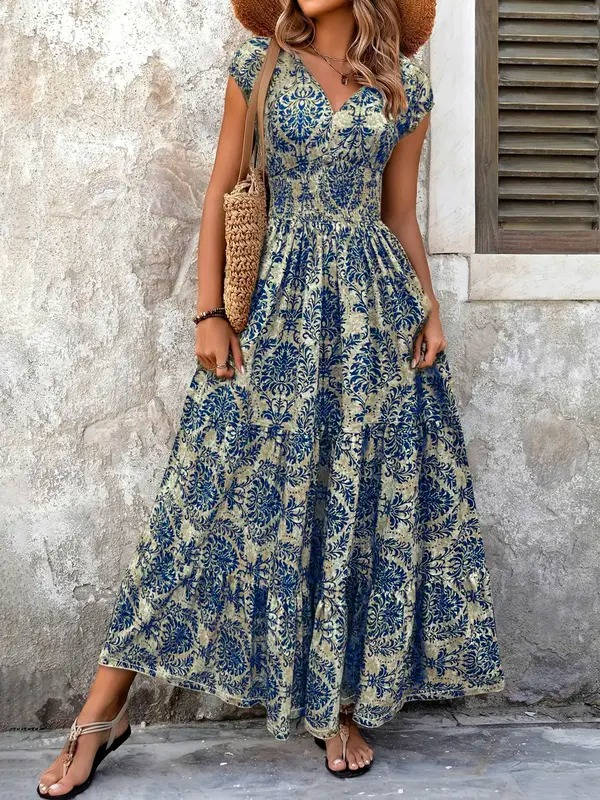 Anna-Berg | Boho Patterned Sleeveless V Neck Maxi Dress