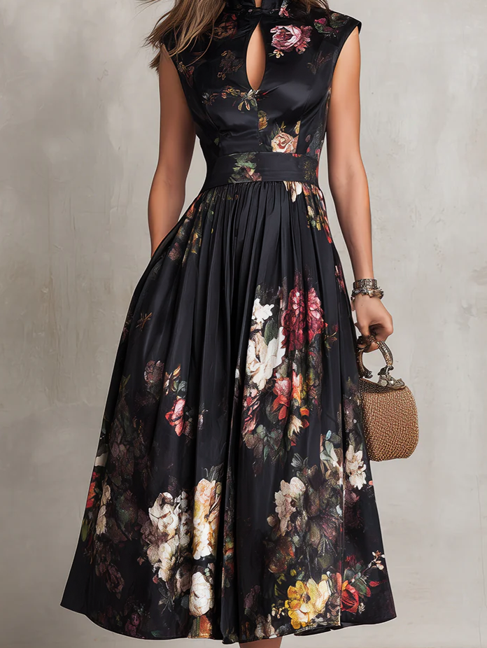 Anna-Berg | Elegant Keyhole Collar Pleated Satin Dress