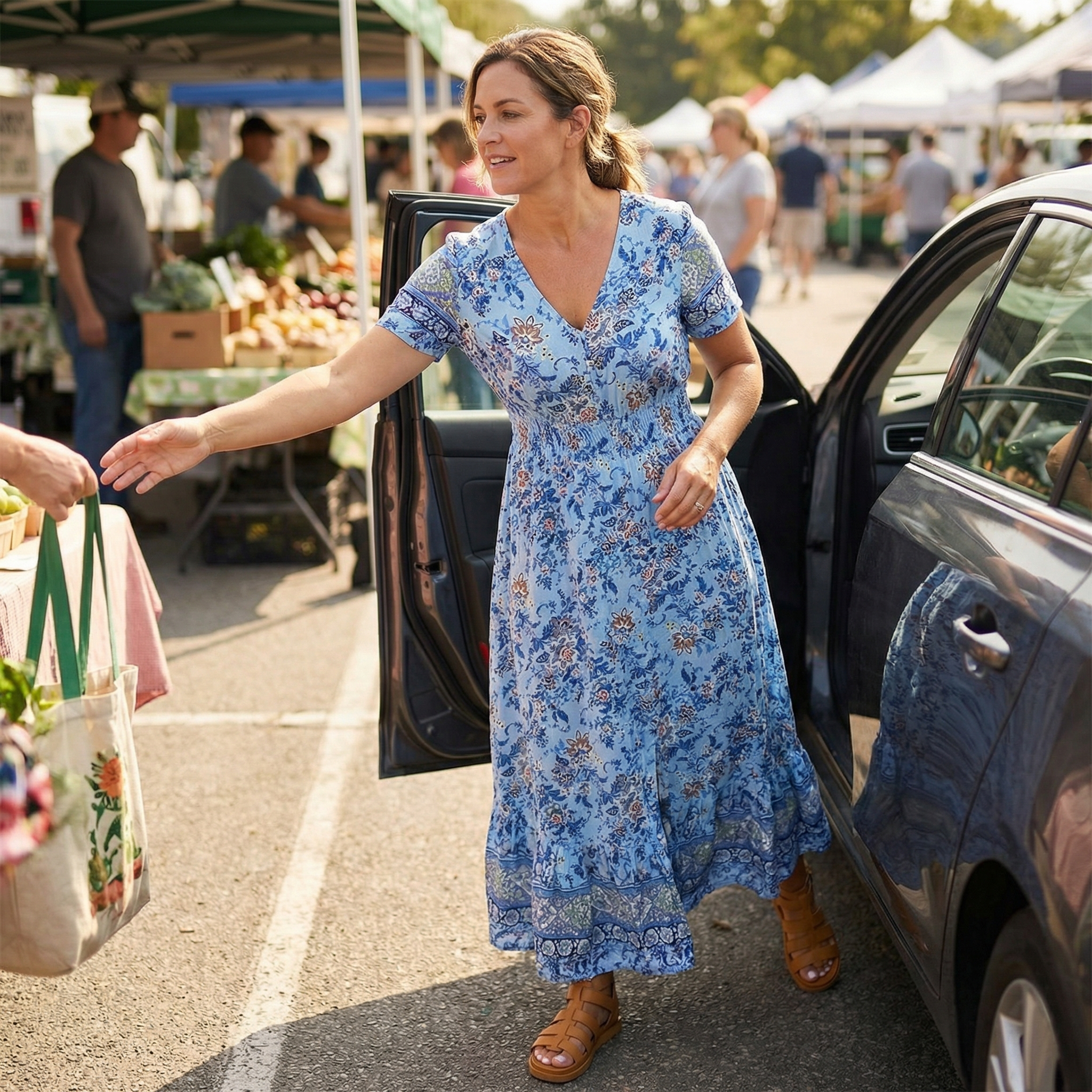 Anna-Berg | Elegant Maxi Floral Dress With V-Neck And Short Sleeves