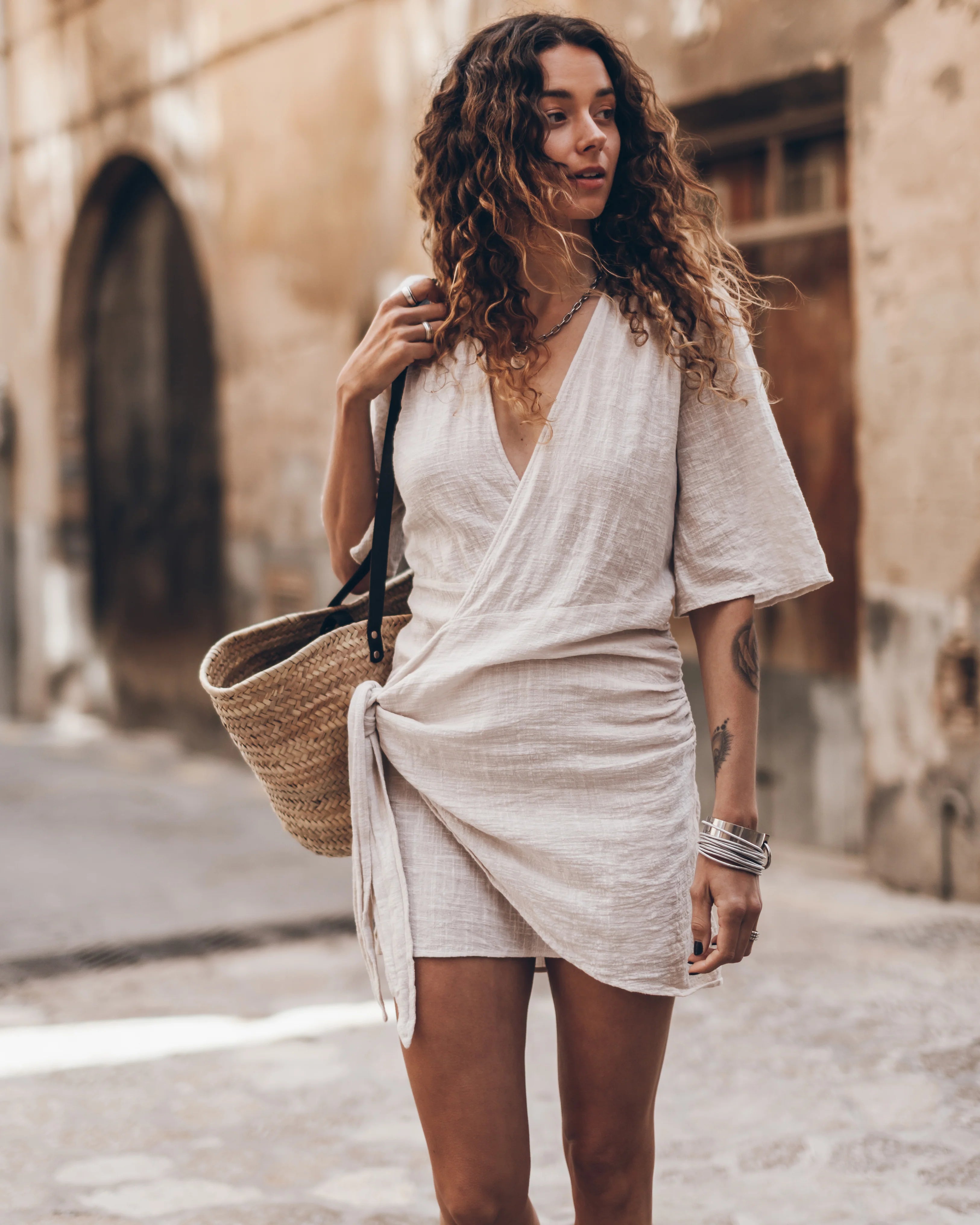 Anna-Berg | Wrap Linen Mini Dress - Asymmetrical Hem, Adjustable Fit